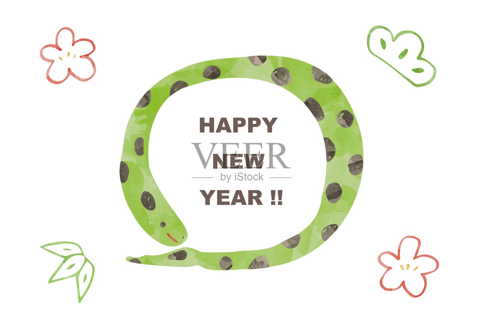 蛇年新年贺卡模板,手写蛇,水彩插画图片素材