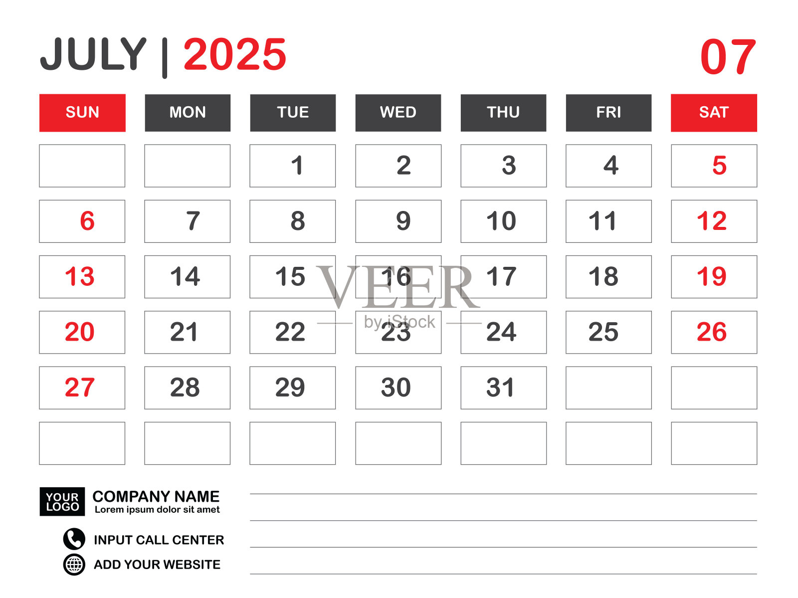 日历2025模板,2025年7月布局,台历2025年,挂历设计,周开始于周日,规划师,印刷媒体,海报,组织者,广告,红色背景,矢量插画图片素材