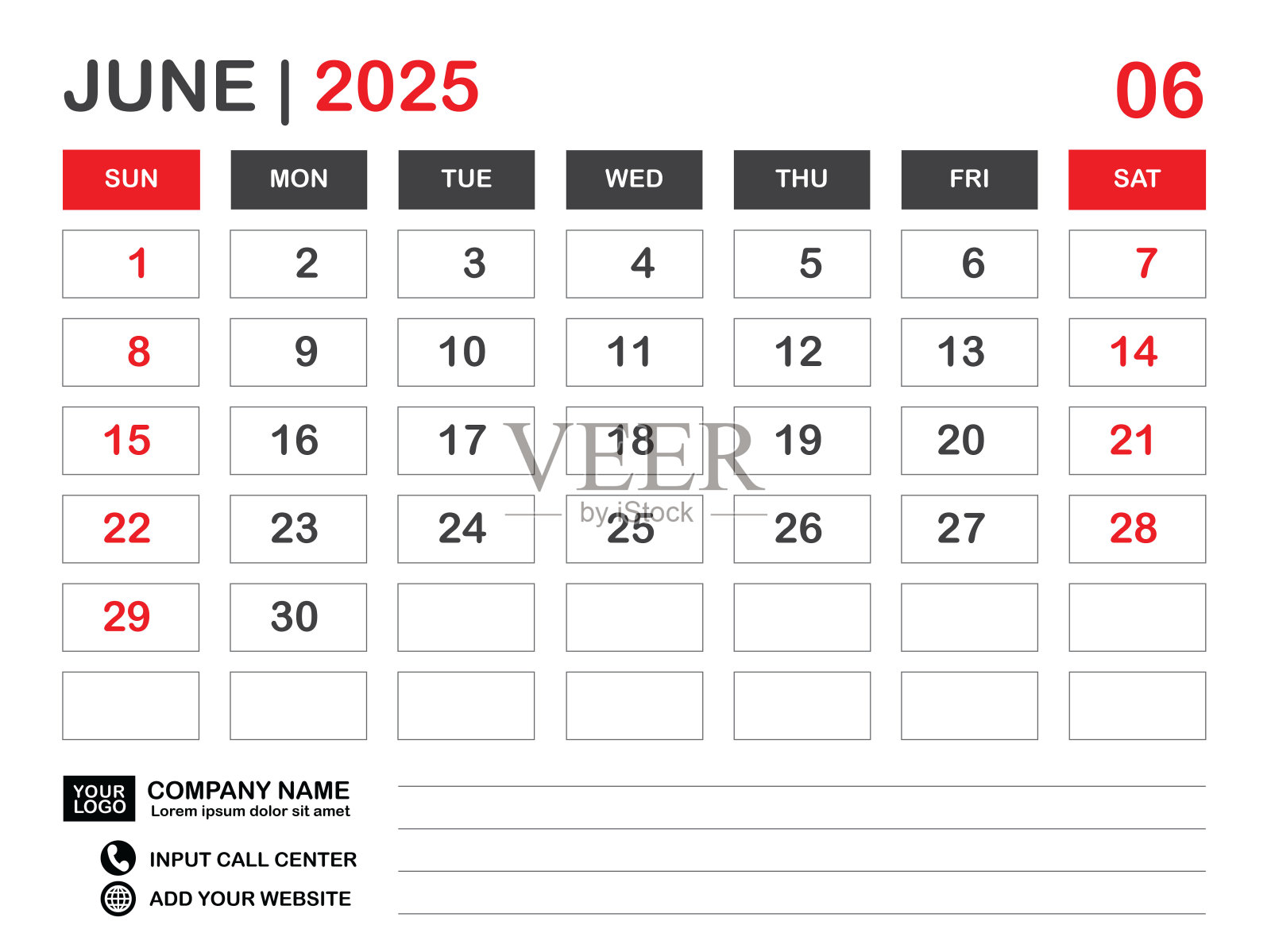 日历2025模板,2025年6月布局,台历2025年,挂历设计,周开始于周日,规划师,印刷媒体,海报,组织者,广告,红色背景,矢量插画图片素材