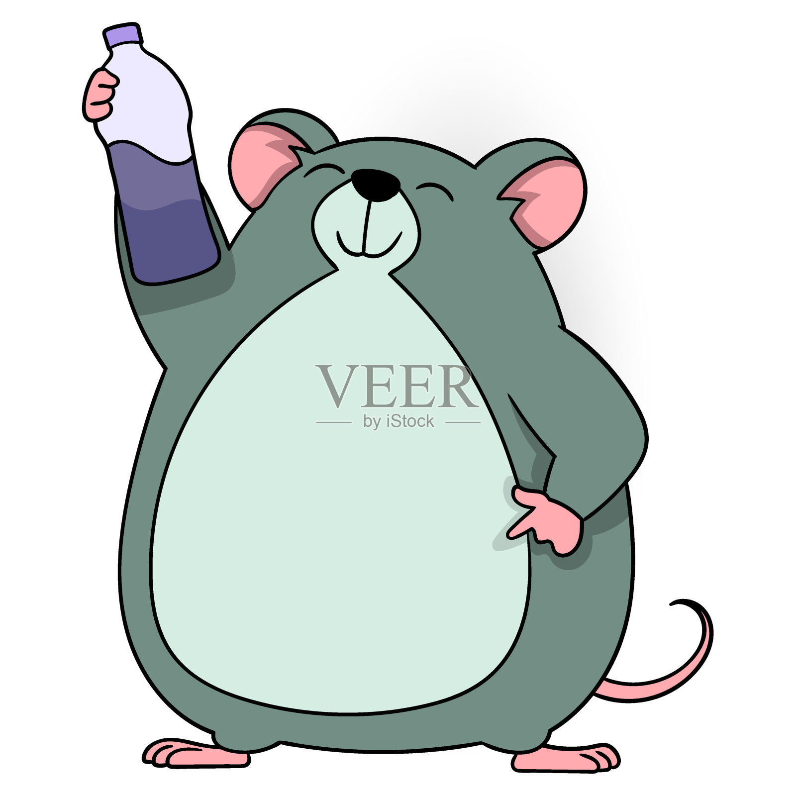 一只胖老鼠正从瓶子里喝苏打水,很高兴插画图片素材