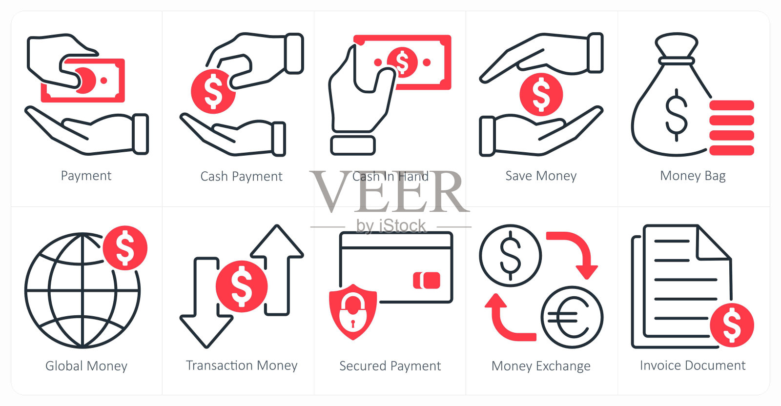 一套10个购物图标作为支付,现金支付,现金在手插画图片素材