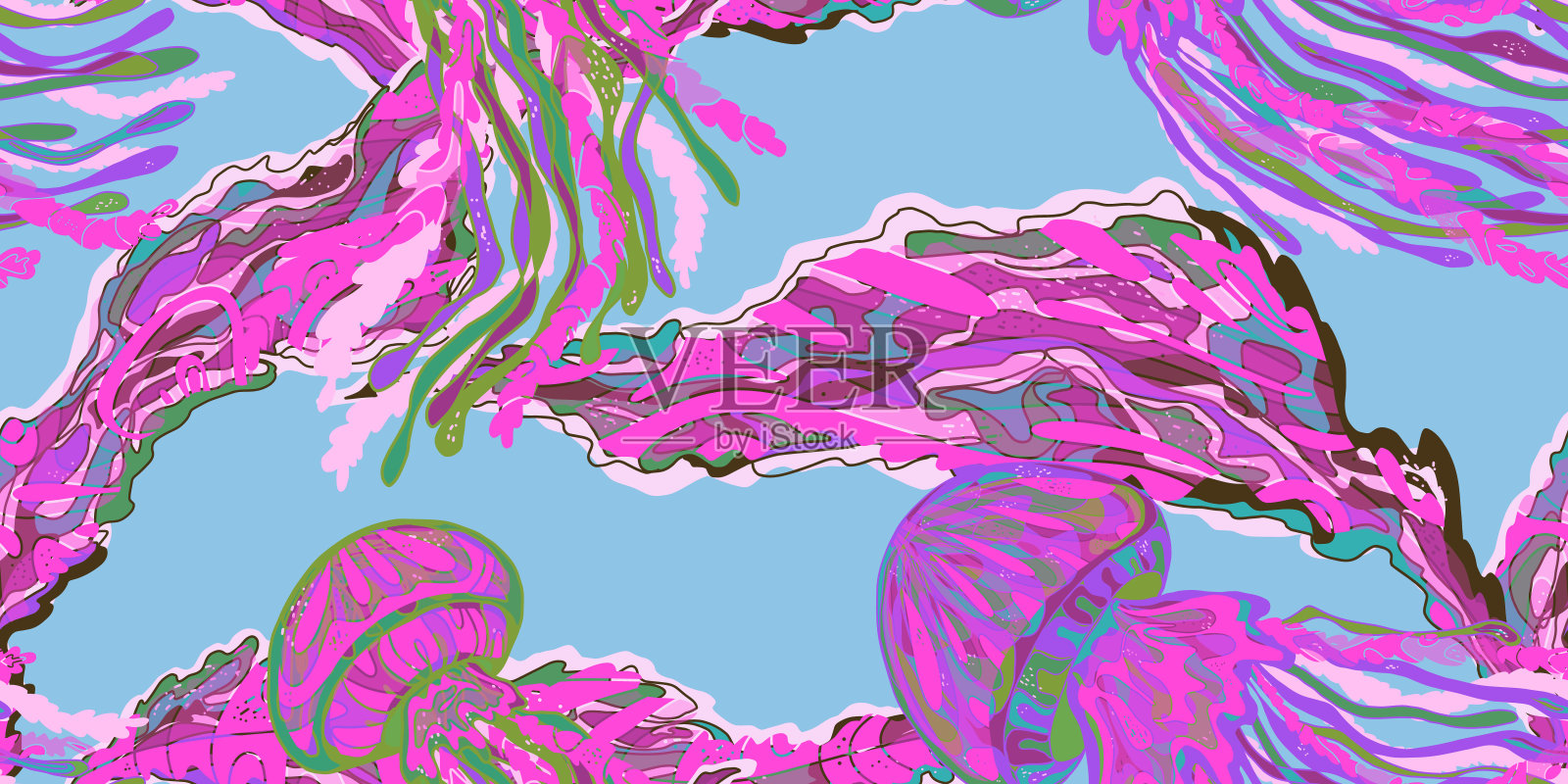 波浪水母五颜六色的热带海洋动物。矢量无缝重叠模式。插画图片素材