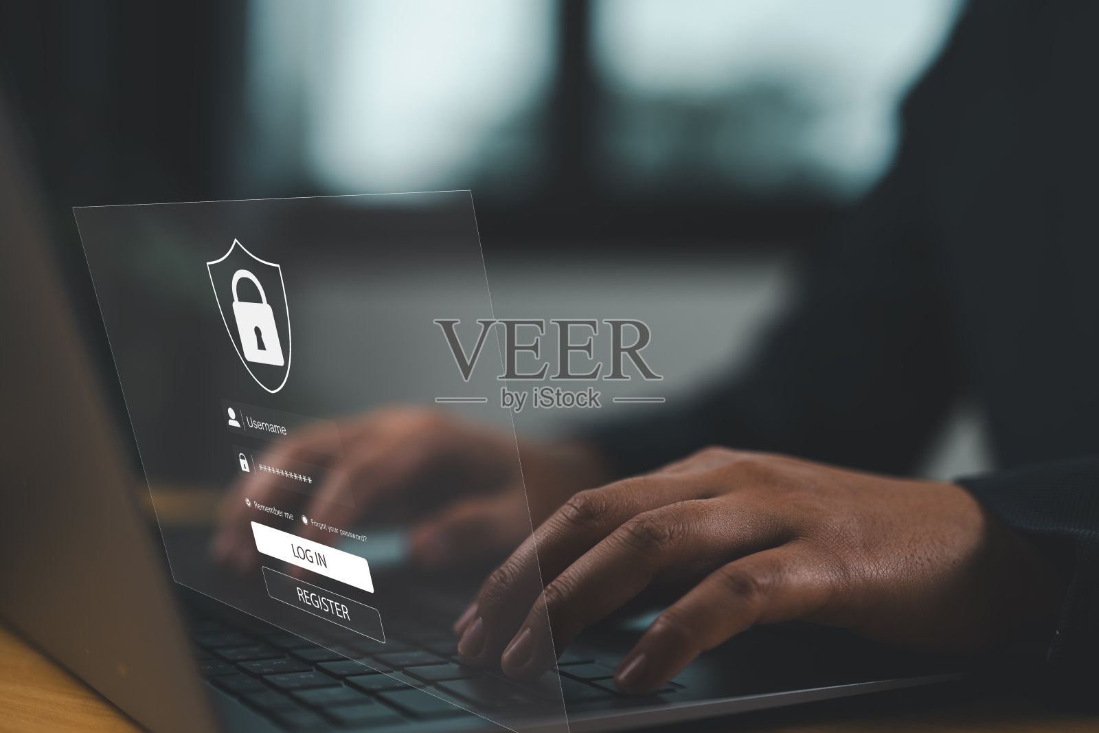 确保互联网接入和个人资料的安全。女人在虚拟屏幕上输入登录名和密码。保护个人资料不受黑客攻击。照片摄影图片