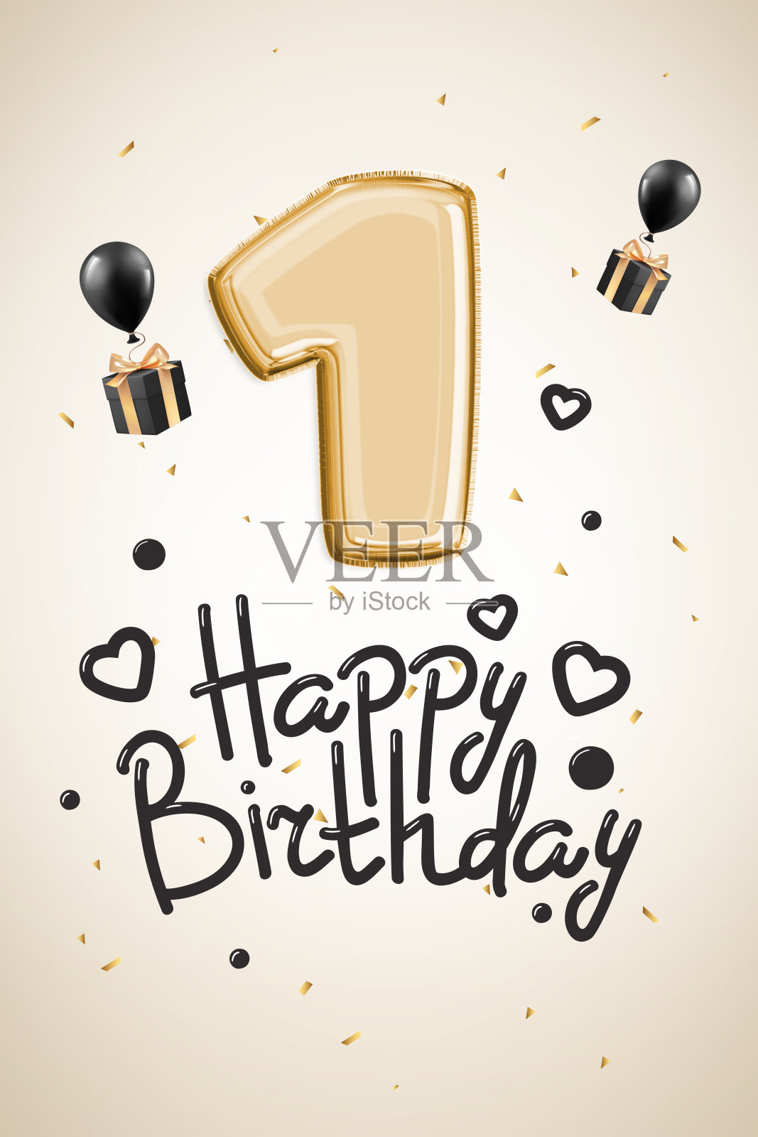 庆祝第一个生日。金色的纸屑,生日快乐。三维渲染照片摄影图片