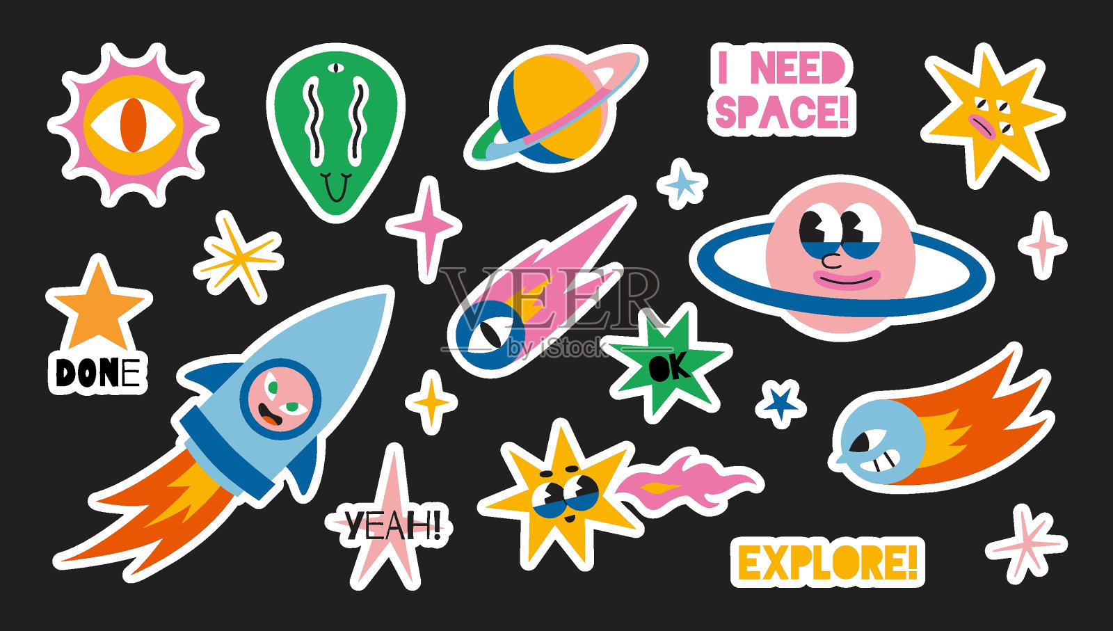 一套时尚贴纸规划师与白色的轮廓和切割线,矢量平面插图。太空元素,如火箭、行星、彗星、恒星、太阳和外星人。可爱卡通贴纸包插画图片素材