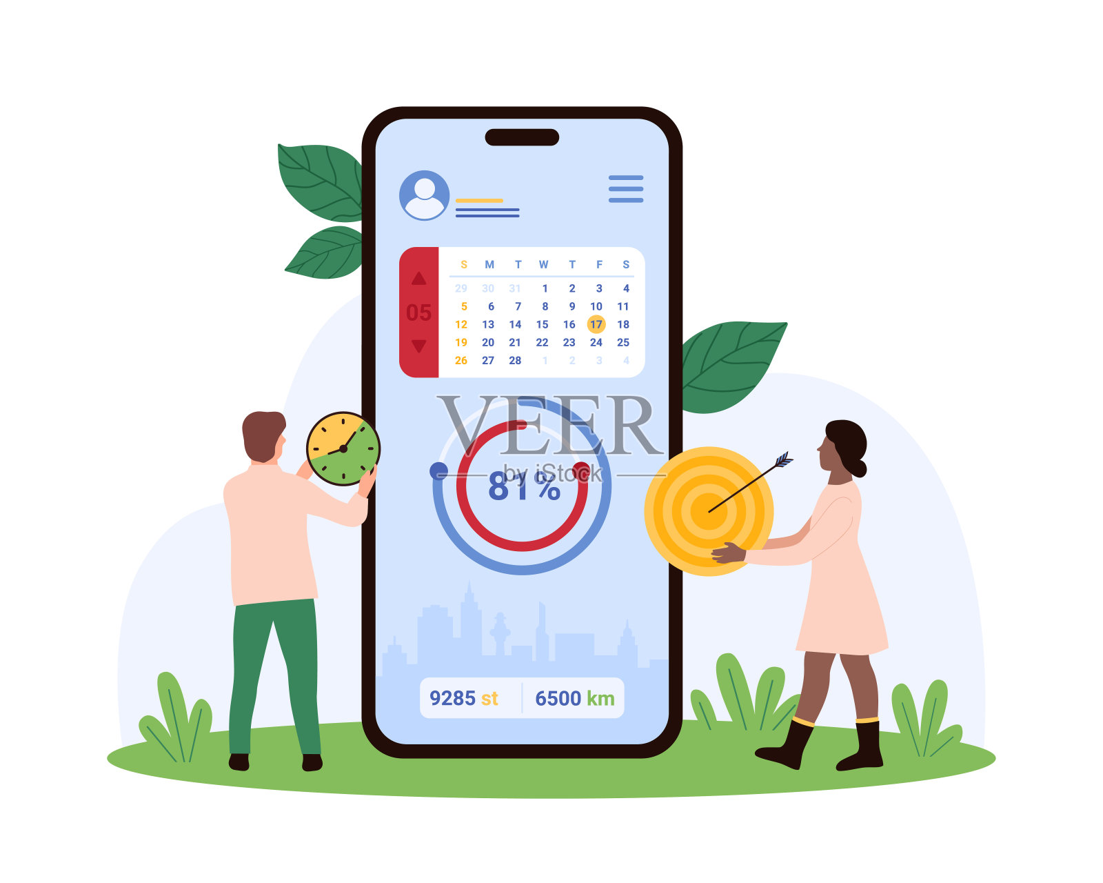 健身手机应用,运动训练计划,小人监控锻炼进度插画图片素材