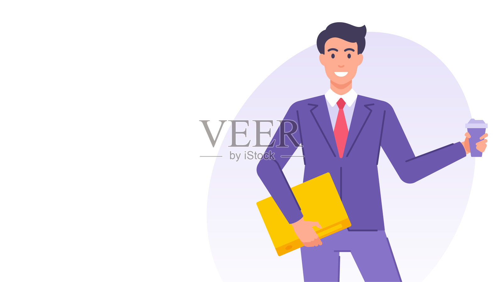 商人与咖啡纸杯和文件夹横幅设计模板矢量平面插画图片素材