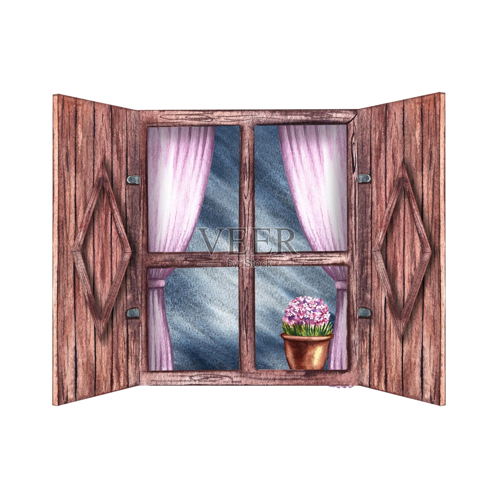 窗口。复古质朴的窗户,木制百叶窗和粉色窗帘。窗台上放着一朵花。手绘水彩画。强调它。为儿童游戏、明信片的设计。插画图片素材