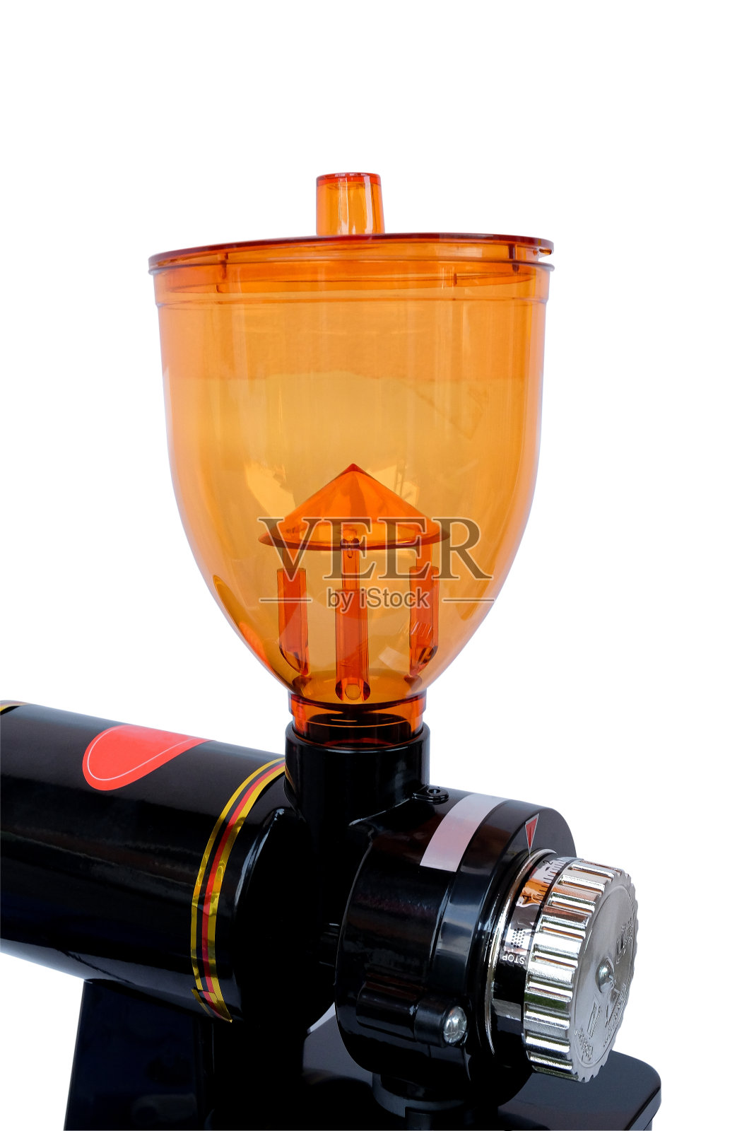 白色背景家用咖啡研磨料斗机。照片摄影图片