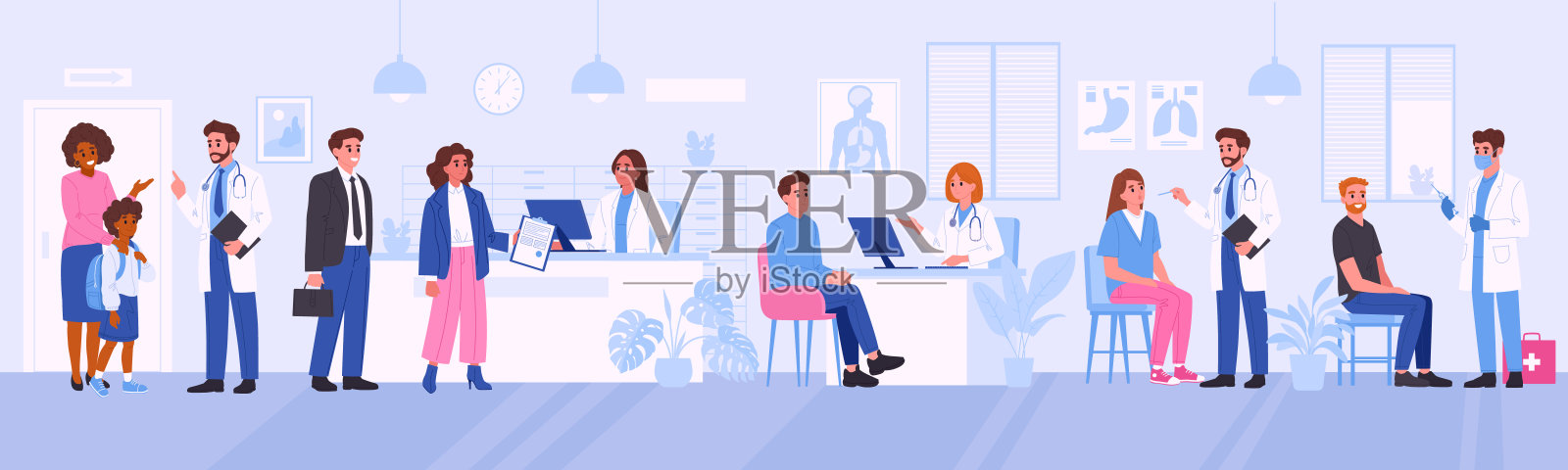 医学的约会。医生咨询,测试和医学研究,病人在医疗诊所平面矢量插图。医疗保健和医药概念插画图片素材