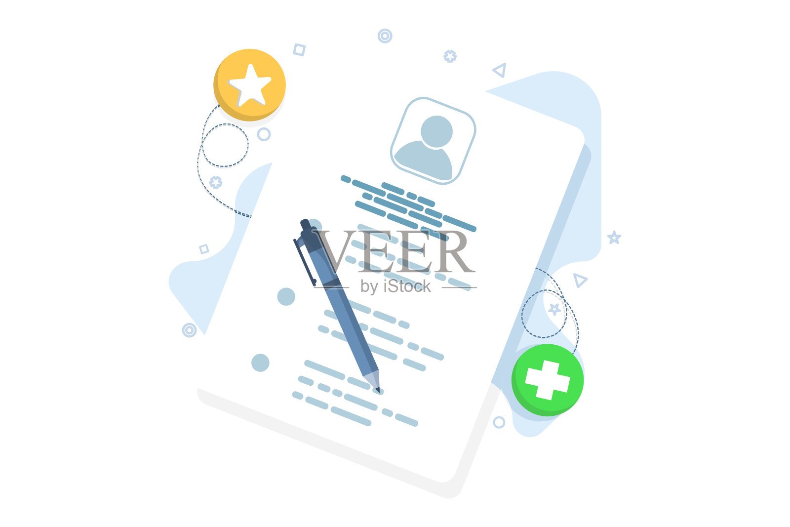 文档设计概念,个人资料,平面卡通风格的用户或个人资料,个人资料文档,数据和用户资料照片堆叠或堆叠纸质文档,工作面试。插画图片素材