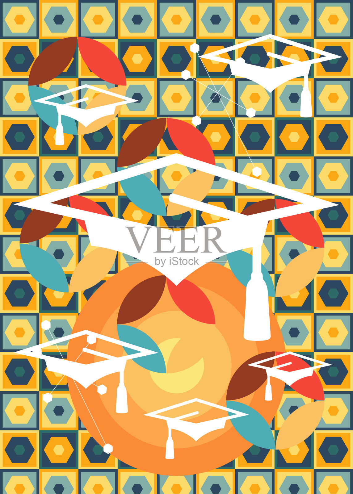 复古的70年代背景与毕业帽,砂浆板。Groovy教育庆典。70年代的艺术模板。极简复古设计海报。老式的彩色艺术品。插画图片素材