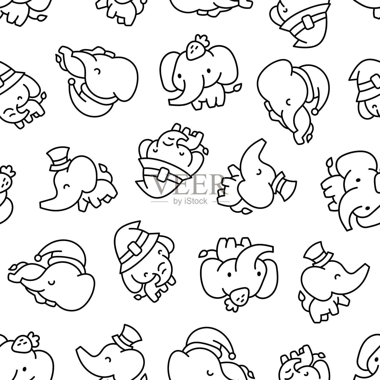 可爱的卡哇伊大象。无缝模式。着色页面。有趣的卡通人物。手绘风格。矢量图。设计的饰品。插画图片素材