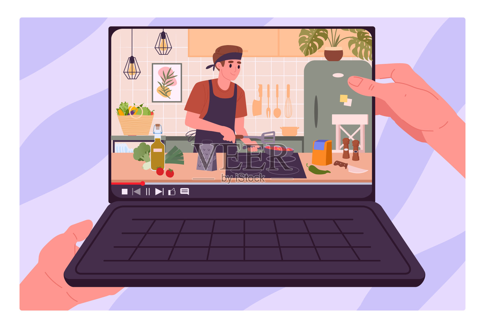 男子在网上做饭。笔记本电脑屏幕上的烹饪教程,食物准备视频直播平面矢量插图。在线烹饪节目在笔记本电脑屏幕上插画图片素材