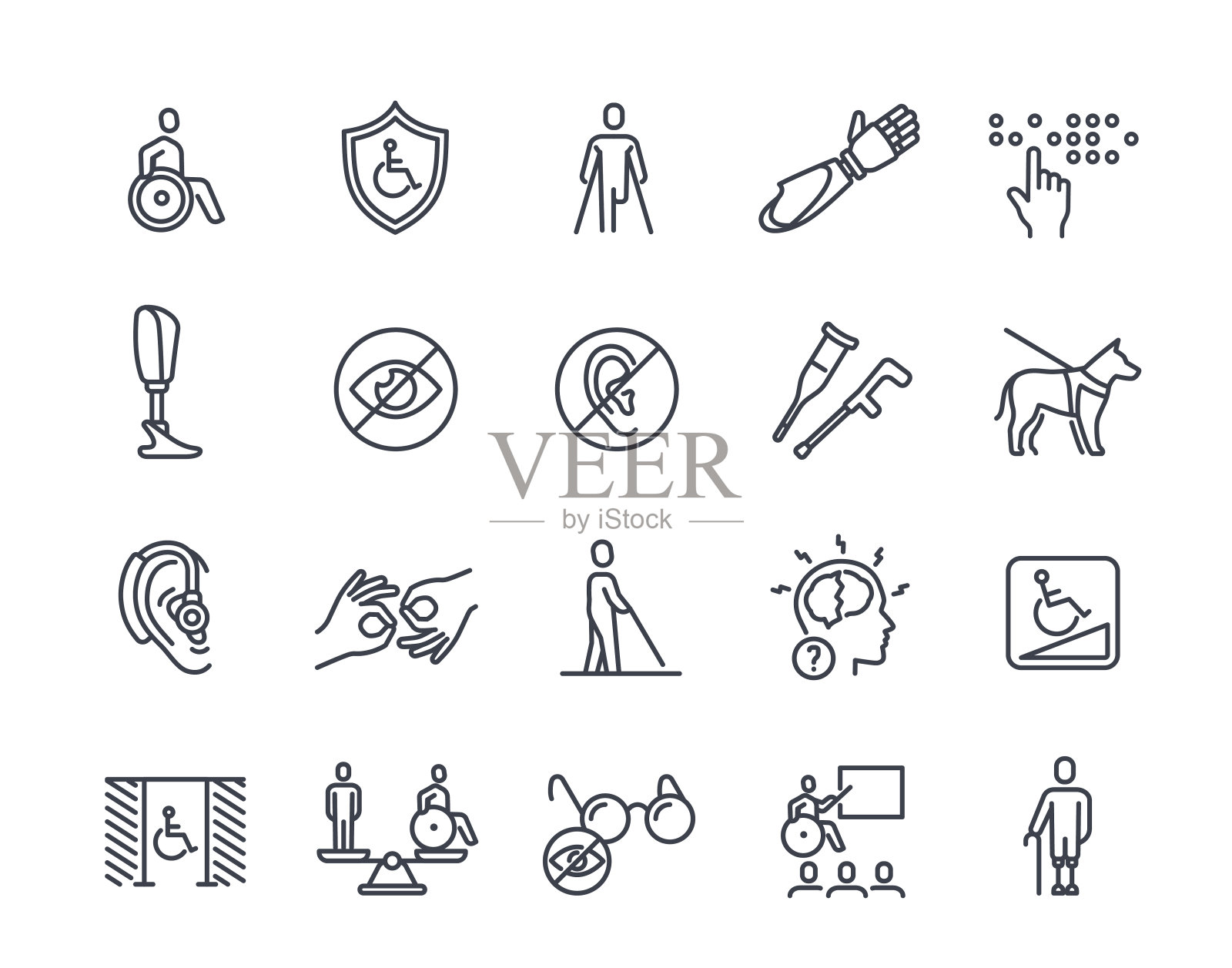 与残疾相关的线性图标矢量集插画图片素材
