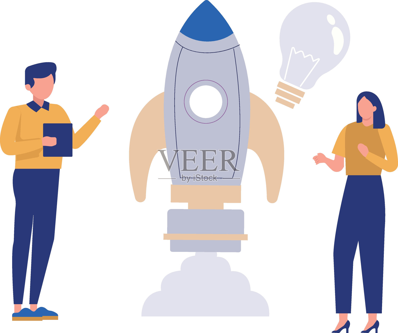 男孩和女孩谈论数字创业火箭。插画图片素材