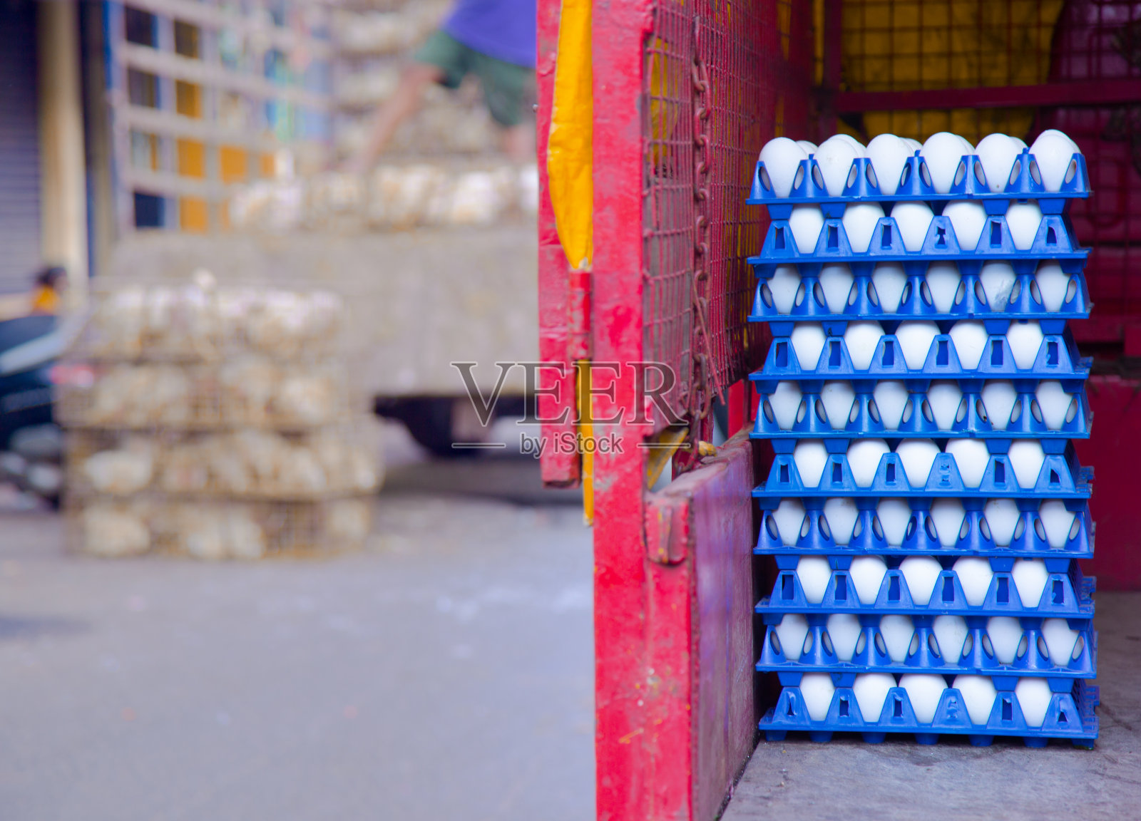 白色的鸡蛋放在蓝色的塑料托盘里照片摄影图片