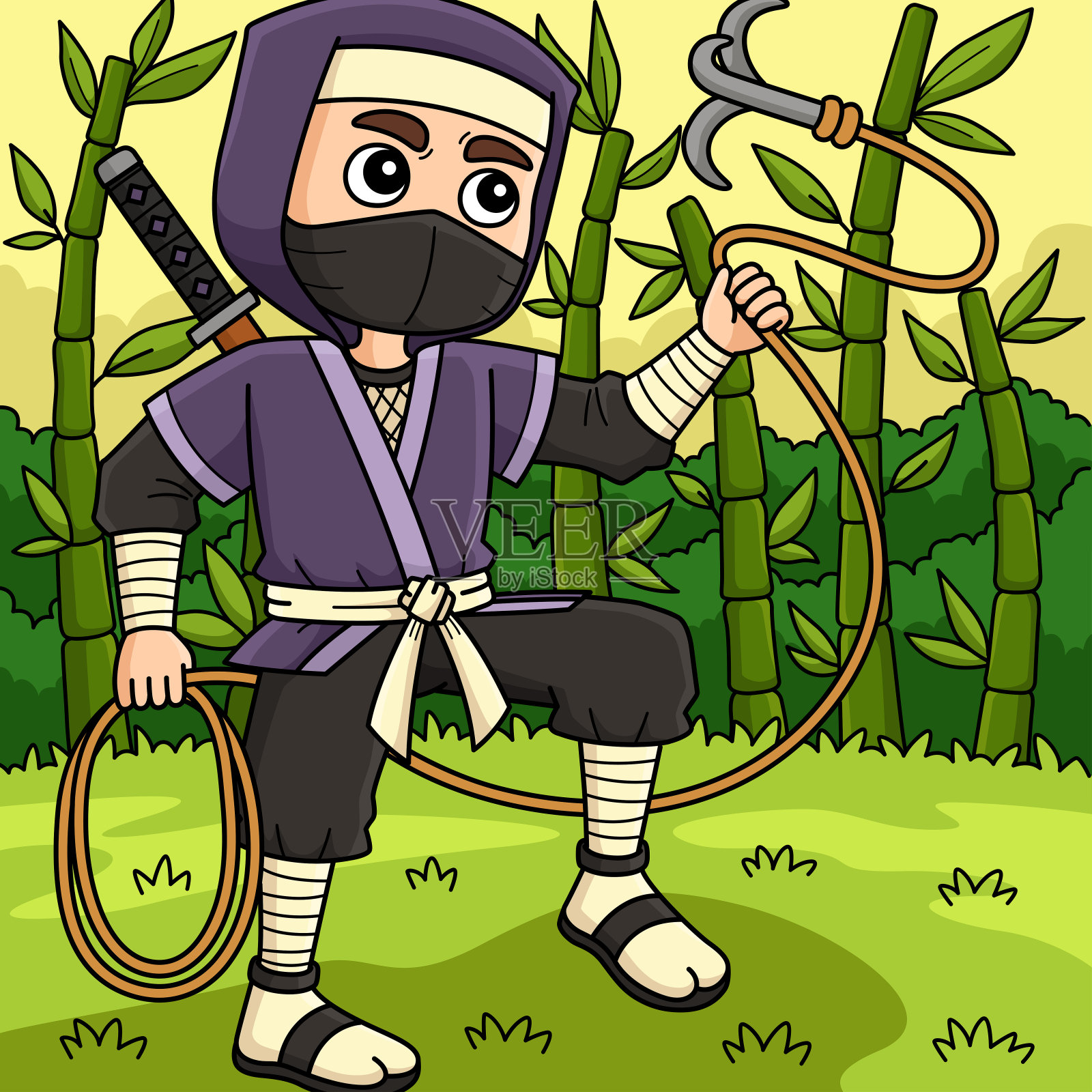 带着抓钩的彩色卡通忍者插画图片素材