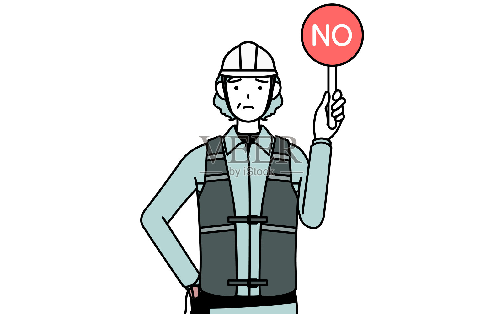 高级女工程师头戴钢盔,身穿工作服,手举标书,标书上的X表示错误答案。插画图片素材