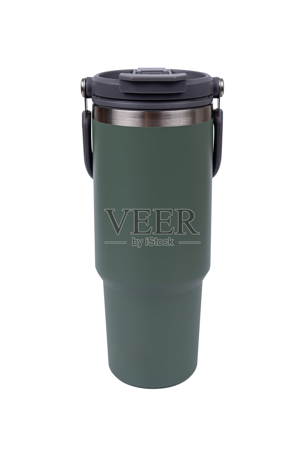 绿色不锈钢水瓶孤立在白色背景。照片摄影图片