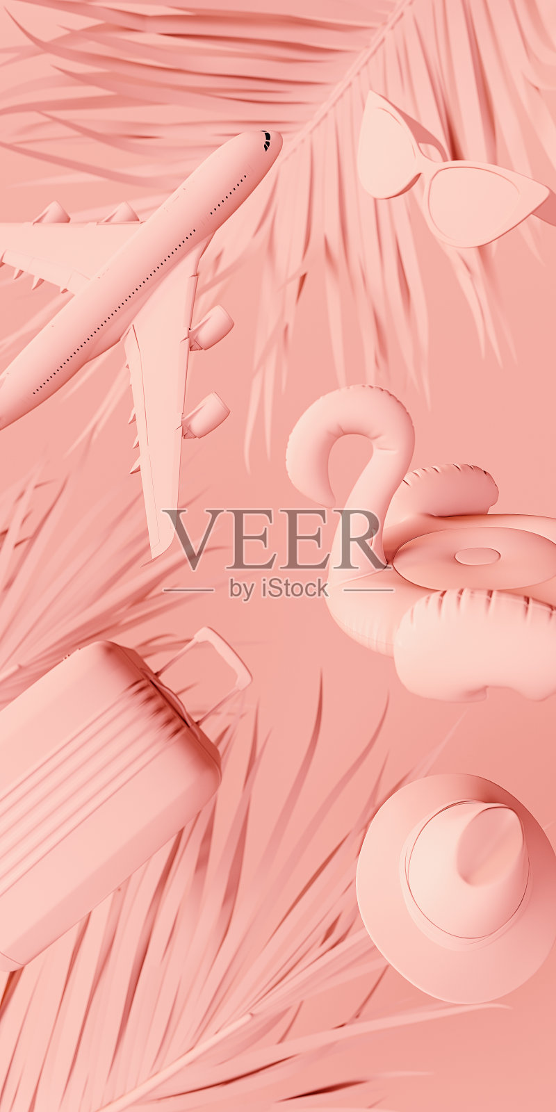 夏季旅行单色粉红色背景。夏季配件与飞机在粉红色的背景。照片摄影图片