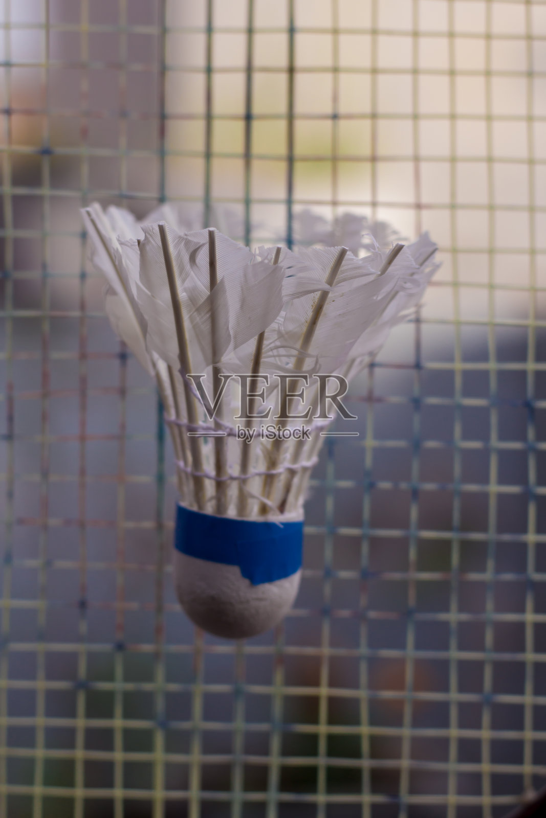 白色羽毛球梭子挂在铁丝网窗户上照片摄影图片