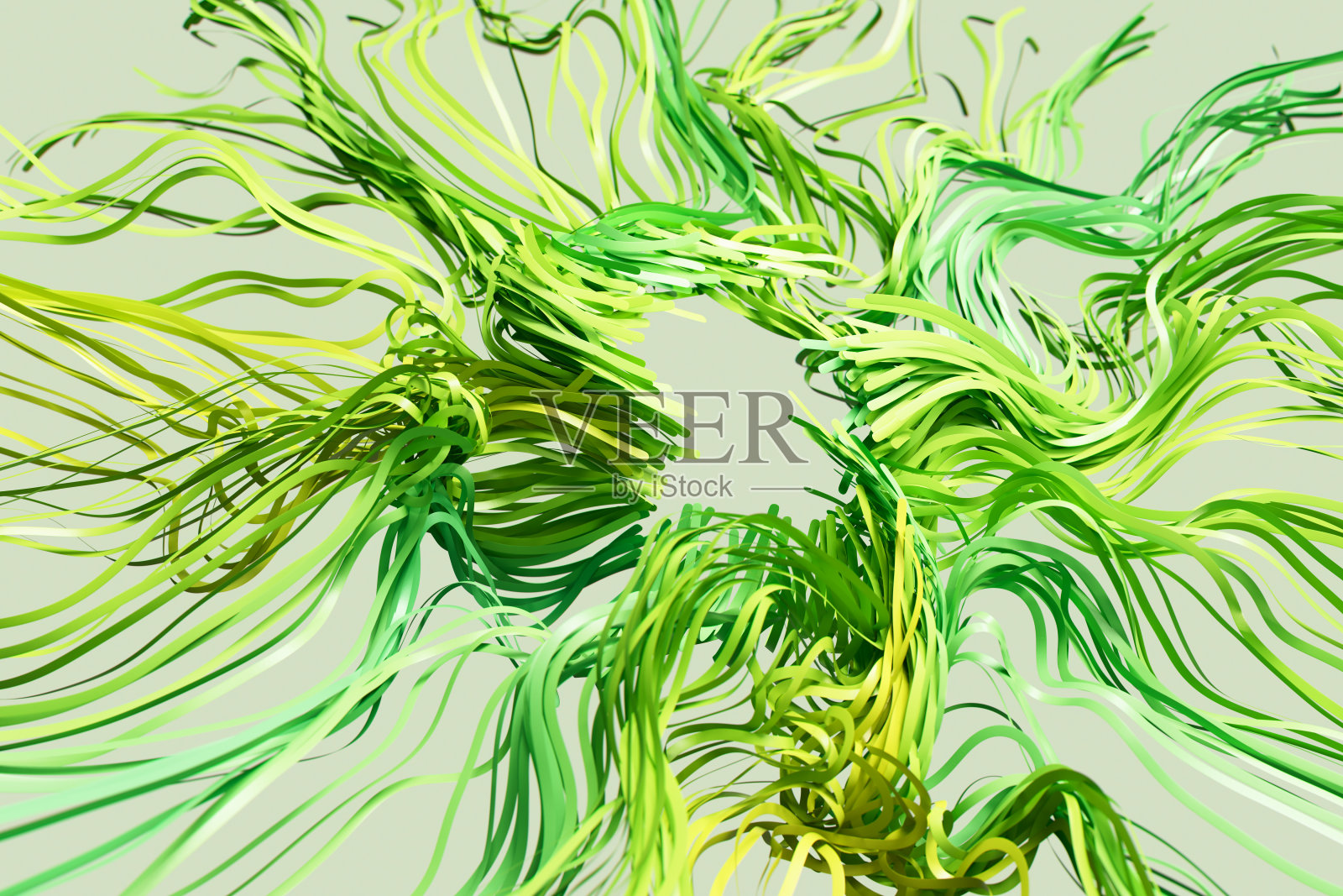 抽象的绿色和黄色丝带在空中旋转的3D渲染照片摄影图片