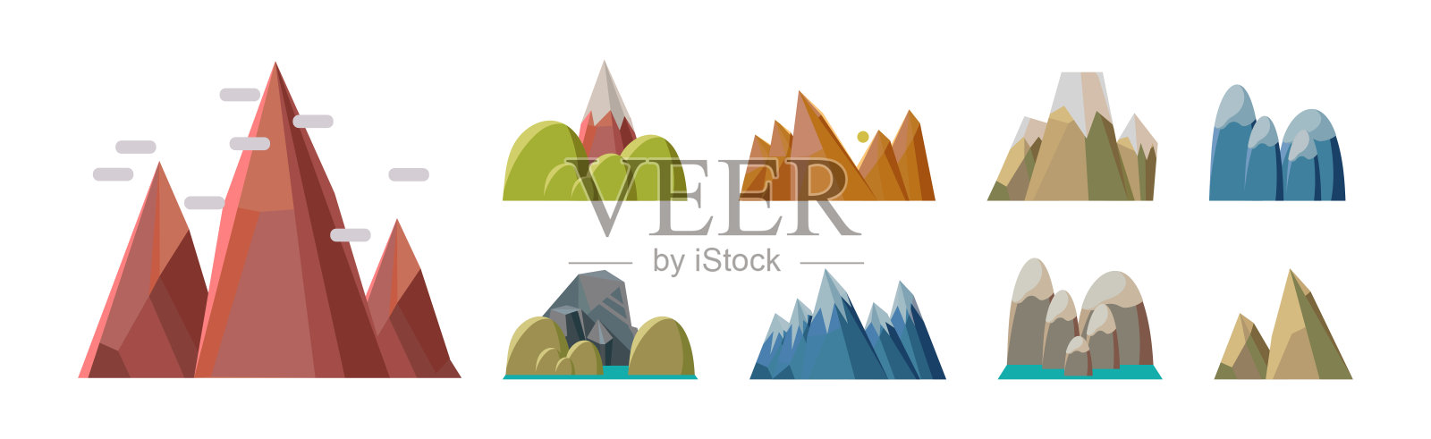 不同的小山和高山与高峰平坦向量集插画图片素材