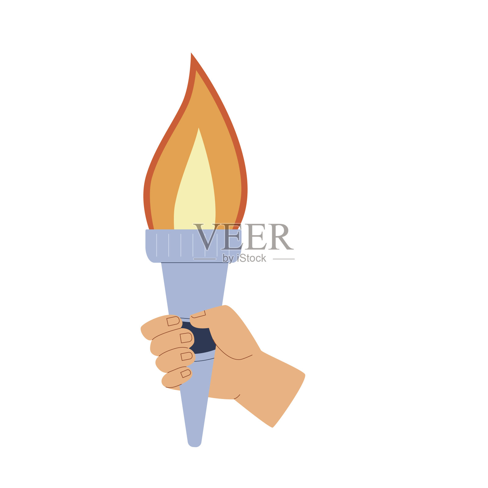 手里拿着燃烧的火焰的火把。象征体育、比赛、胜利和冠军竞赛,手握人的手臂。矢量平面插图隔离插画图片素材