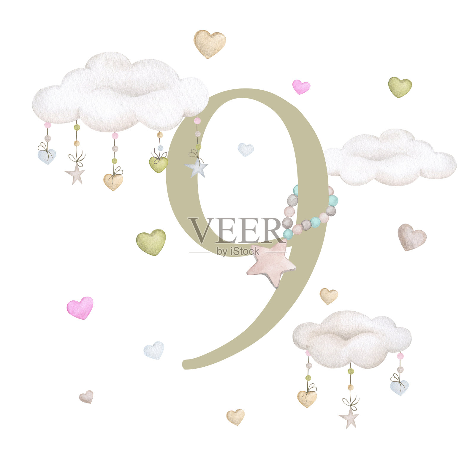 色彩柔和的婴儿里程碑卡片。9个月。新生男孩或女孩。水彩宝宝月龄纪念卡。捕捉小宝宝一岁时的所有特别时刻。九个月大的婴儿。插画图片素材