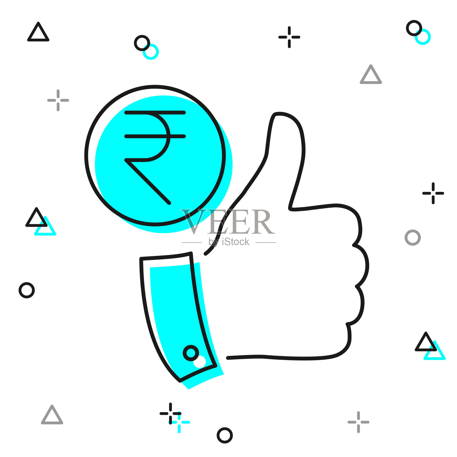 竖起大拇指的印度卢比硬币。白色背景上的线图标插画图片素材