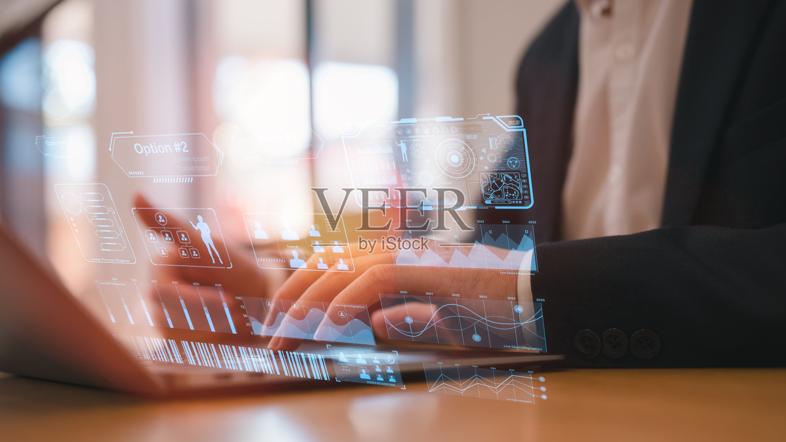 商人或分析师使用计算机和仪表板进行数据业务分析和数据管理系统,并将KPI和指标连接到数据库进行技术分析照片摄影图片