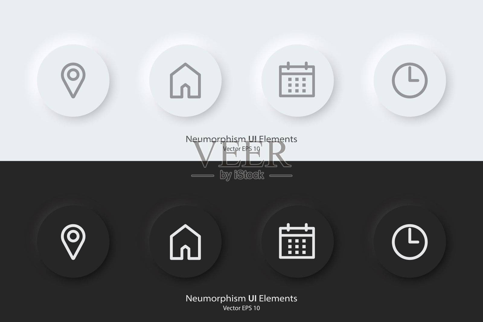 任命的迹象。一组带有约会符号的黑白圆形按钮。位置,地址,日期和时间图标。3D新形态设计风格的网站,界面和移动应用程序。UI体验。插画图片素材