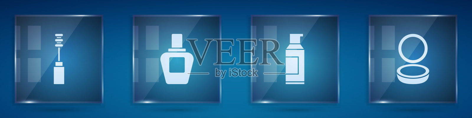 设置睫毛刷、香水、发胶喷雾罐和化妆粉。方形玻璃板。向量插画图片素材