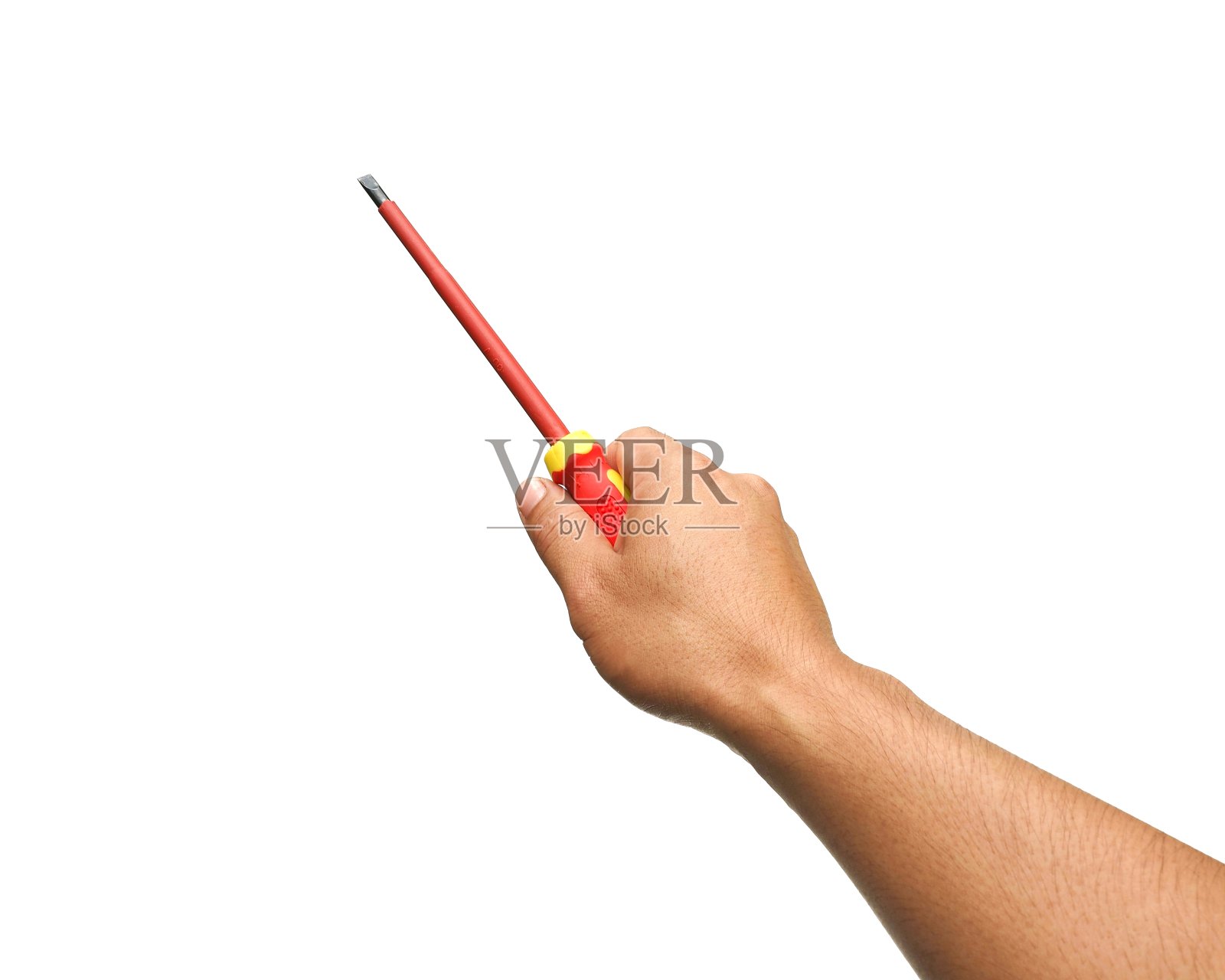 一个男人的手拿着一个黄色和红色的工具,叫做螺丝刀,用于一般的机械、电气和一般机械工作。白色背景隔离螺母头紧固设备。照片摄影图片