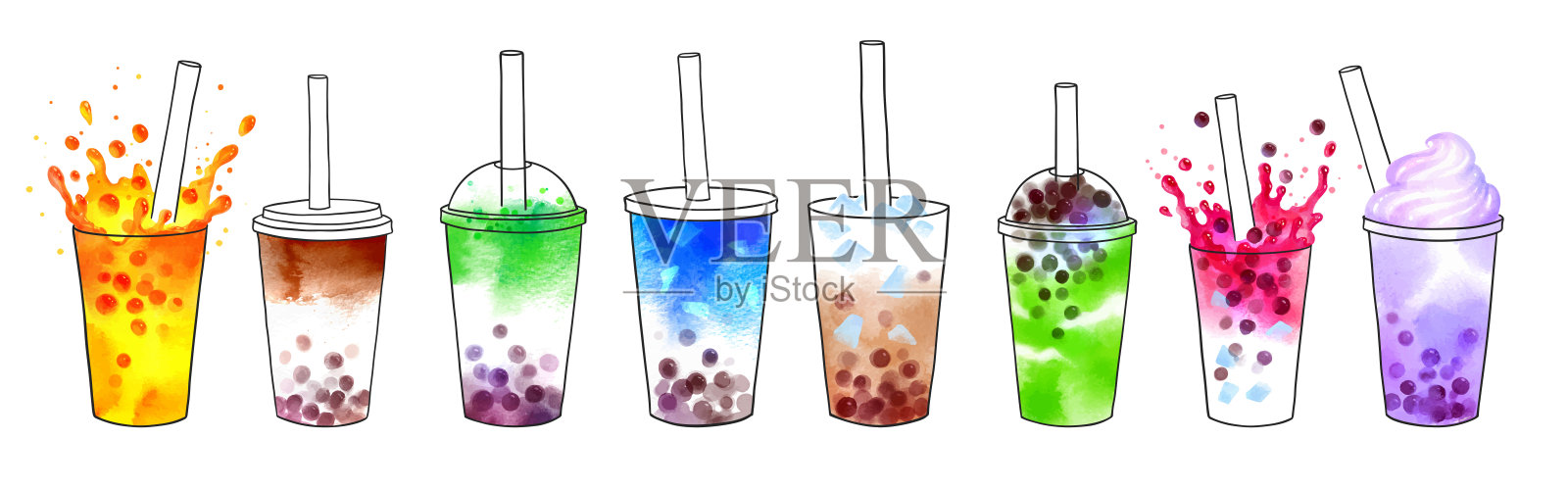 珍珠奶茶水彩插画集插画图片素材
