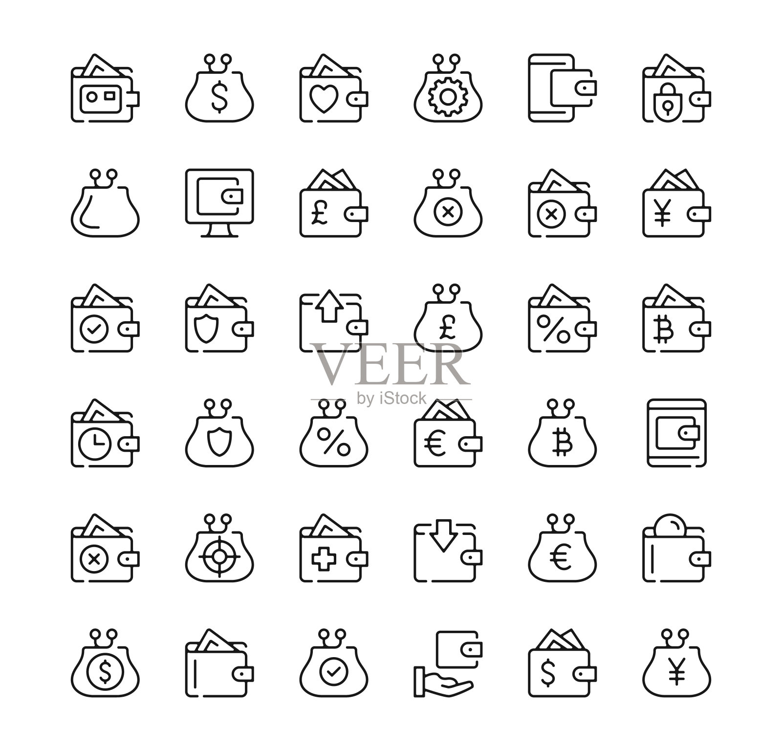 钱包图标集。矢量线图标。黑色轮廓笔画符号插画图片素材