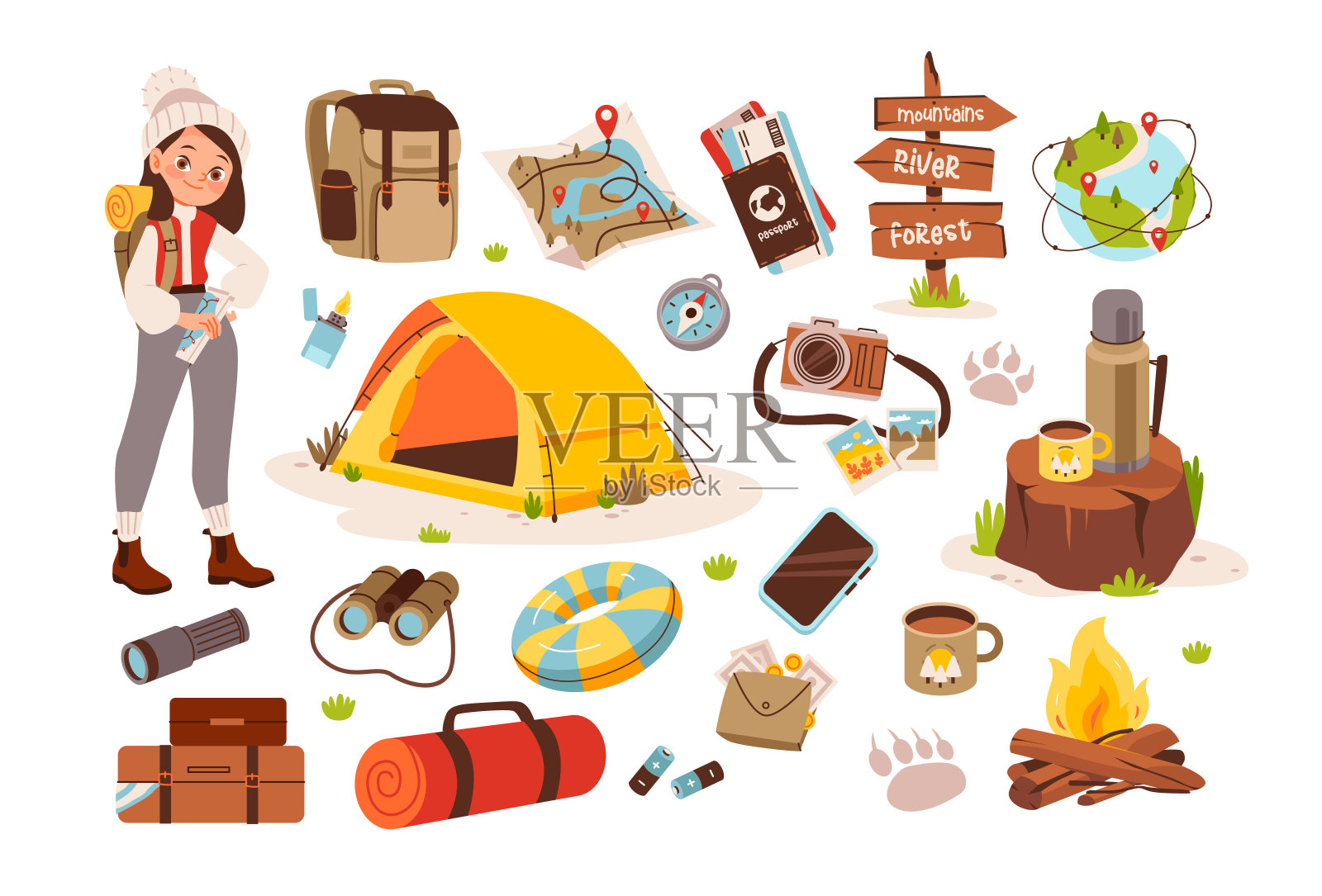 捆绑远足收藏。登山露营用品。游客带着背包和旅游用品。卡通矢量插图插画图片素材