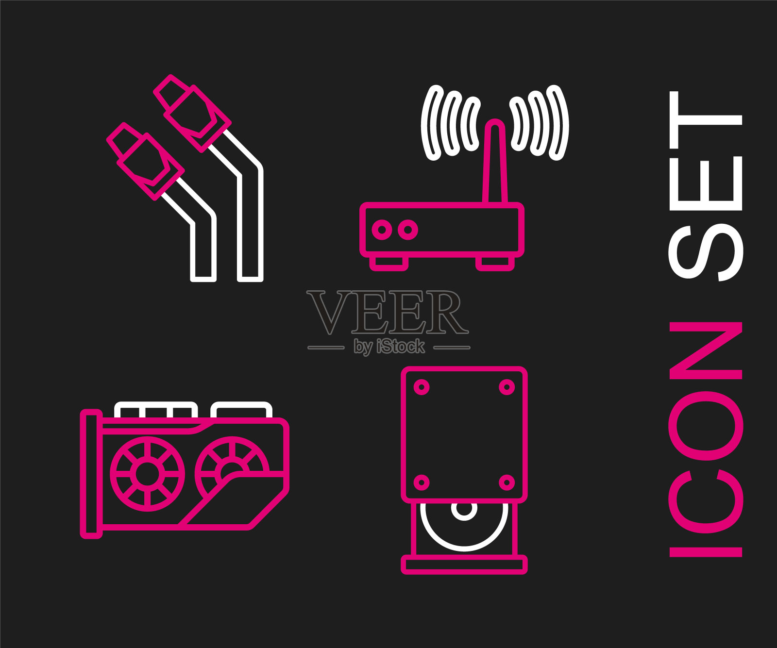 设置光盘驱动器,视频显卡,路由器和wi-fi信号和局域网电缆网络互联网图标。向量插画图片素材