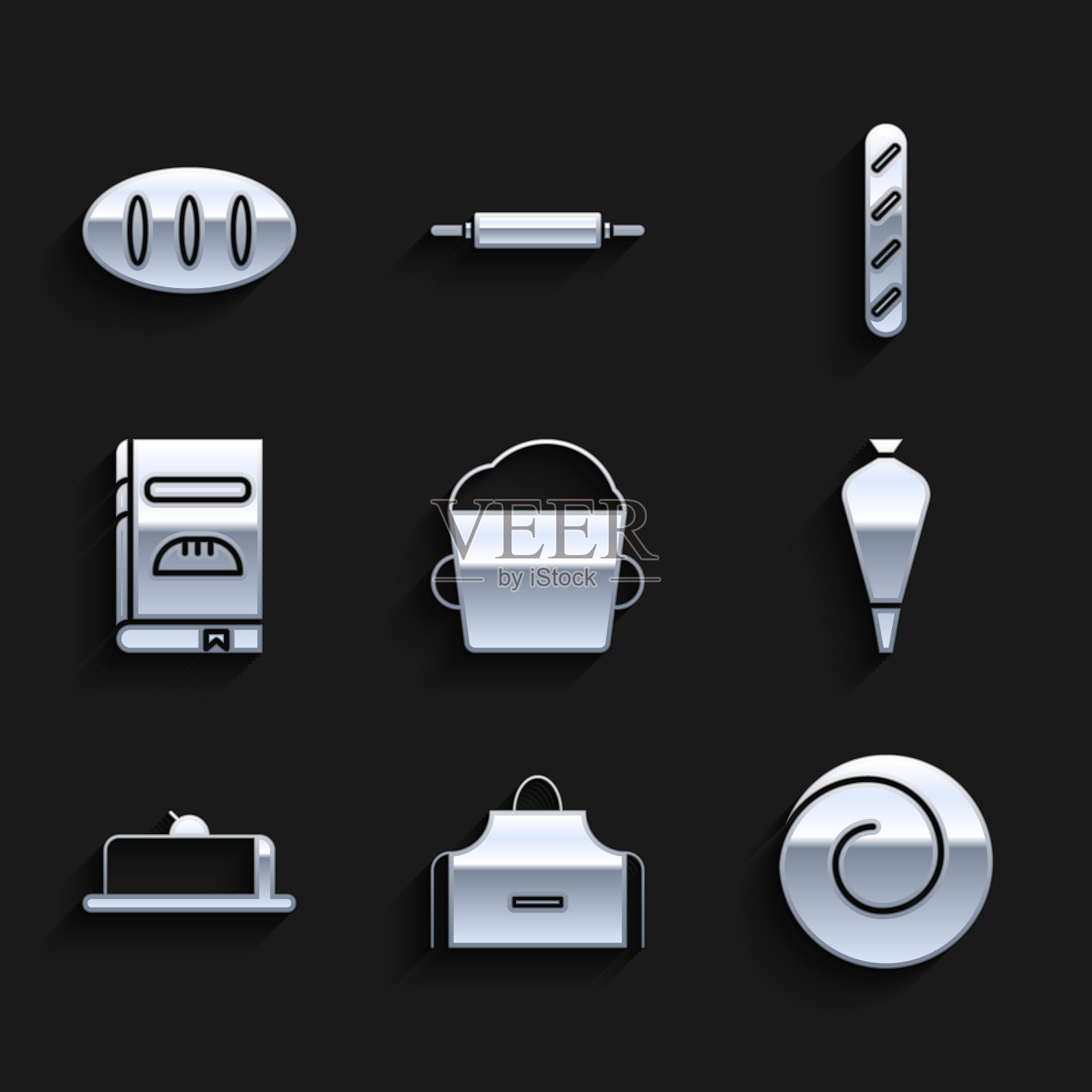 设置面包房碗面团,厨房围裙,肉桂卷,装饰蛋糕的糕点袋,草莓芝士蛋糕片,食谱,法国法棍面包和面包图标。向量插画图片素材