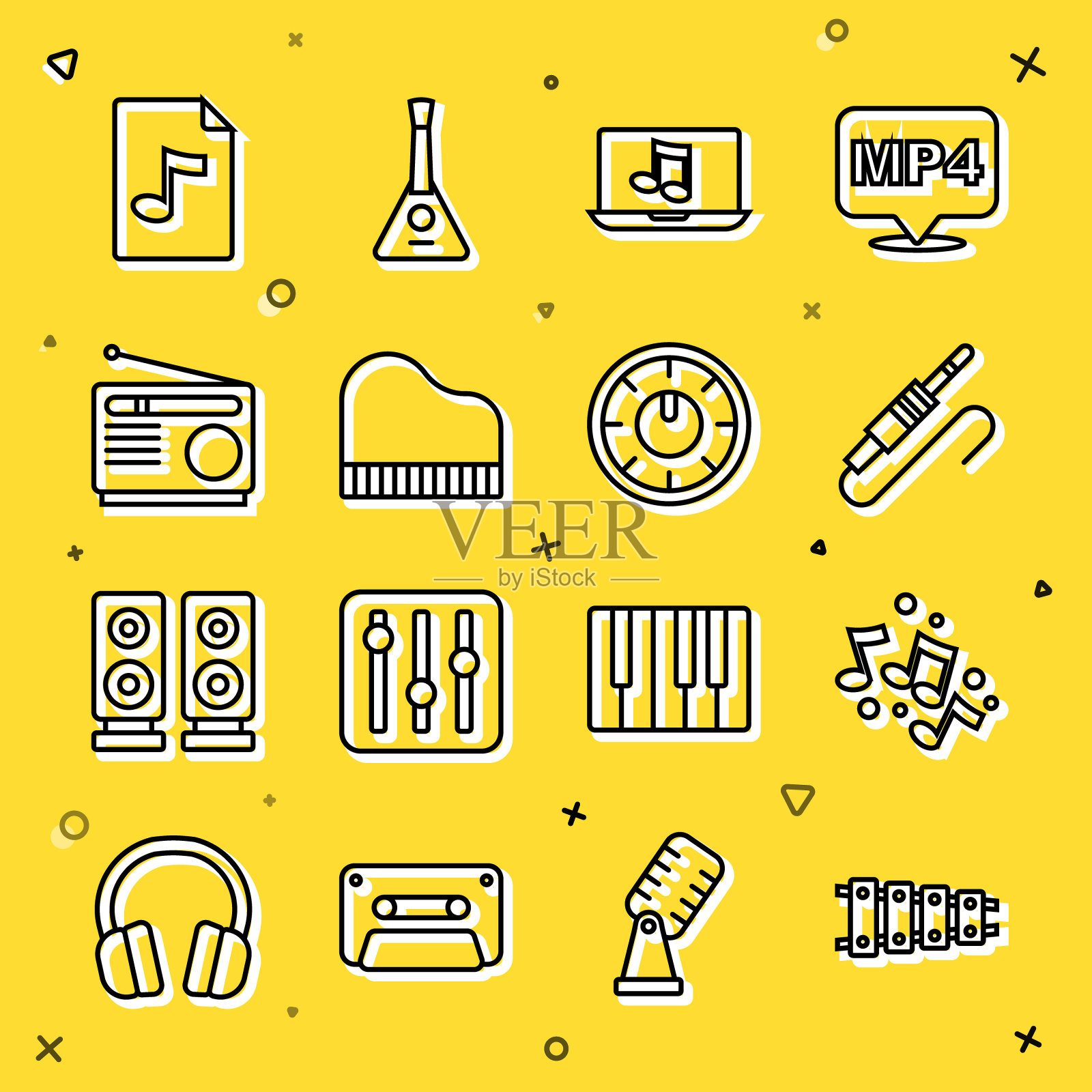 设置线木琴,乐谱,音调,音频插孔,笔记本电脑与音乐,大钢琴,收音机,MP3文件文档和混音控制器图标。向量插画图片素材