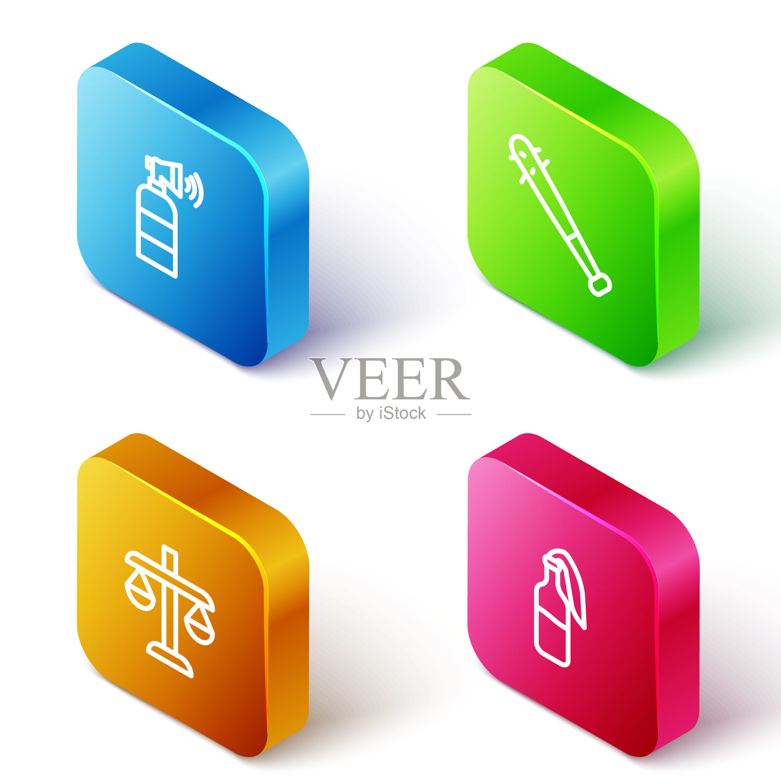 集等距线空气喇叭,棒球棒与钉子,尺度的正义和鸡尾酒莫洛托夫图标。向量插画图片素材