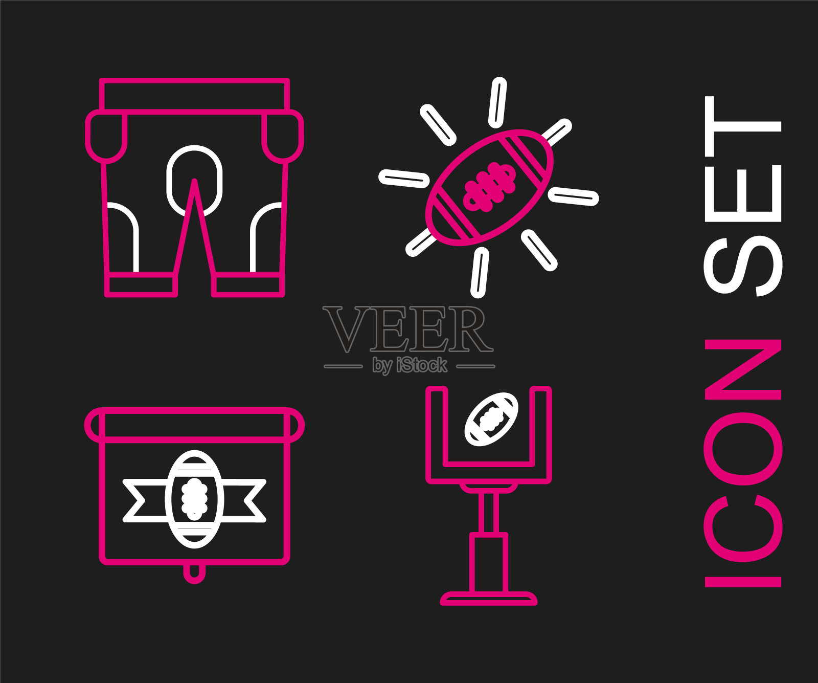 设置线美式足球门柱和足球,在电视节目,足球和短裤图标。向量插画图片素材