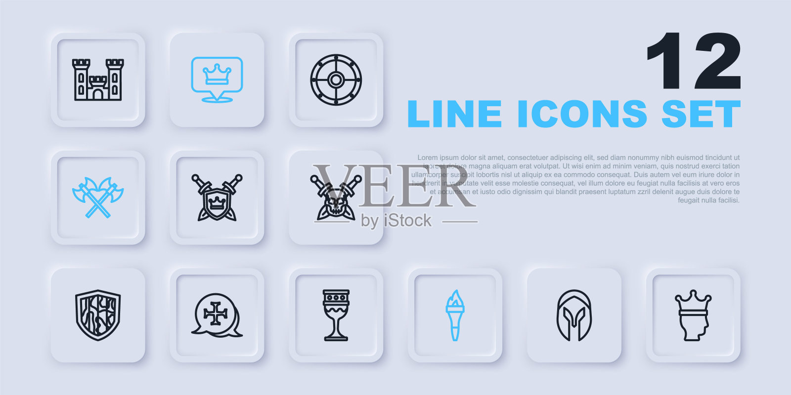 设定线中世纪头盔,国王王冠,盾牌与剑,火炬火焰,交叉中世纪斧头,十字军东征,和高脚杯图标。向量插画图片素材