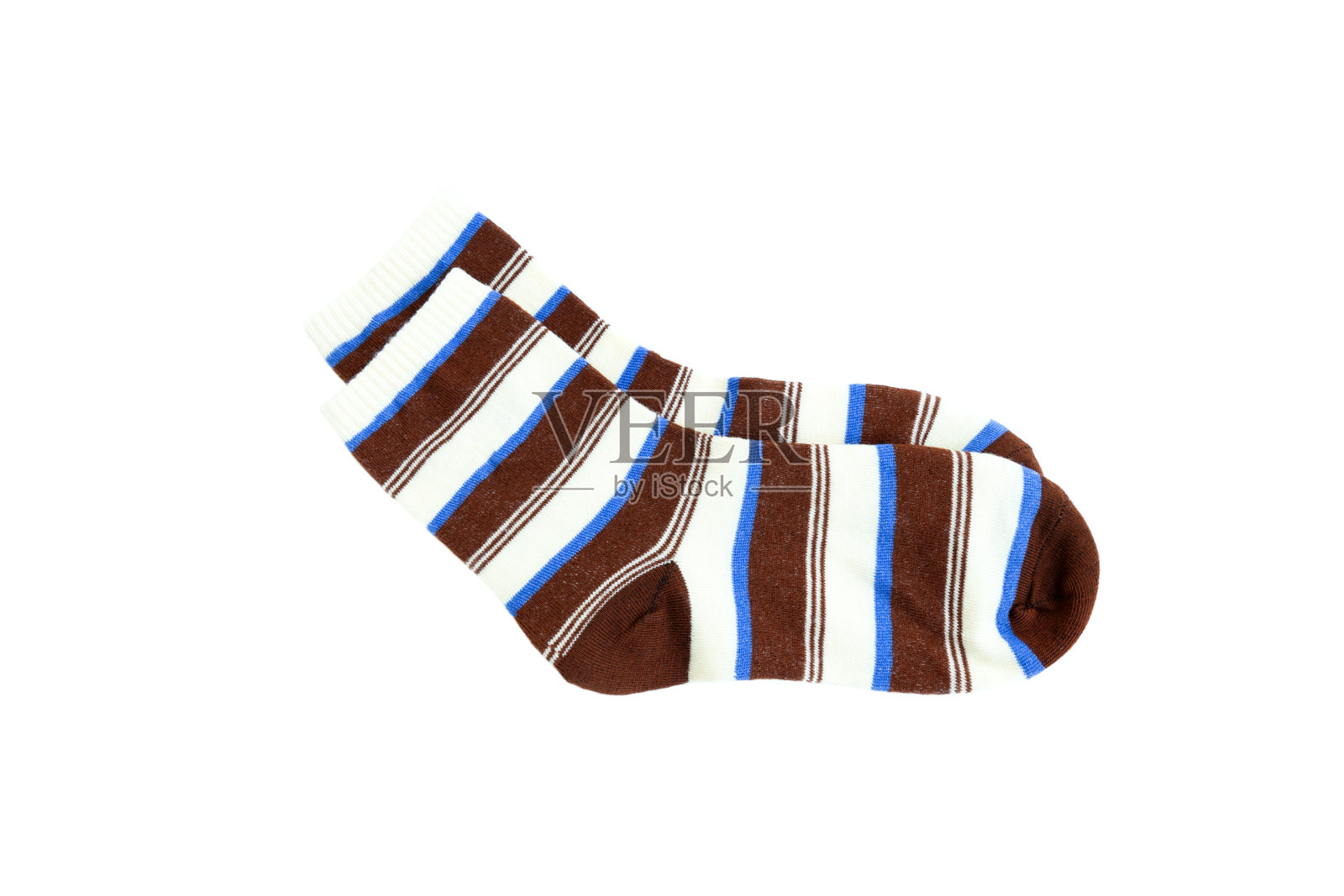 条纹袜与棕色,蓝色和白色隔离在白色背景,条纹棉袜照片摄影图片