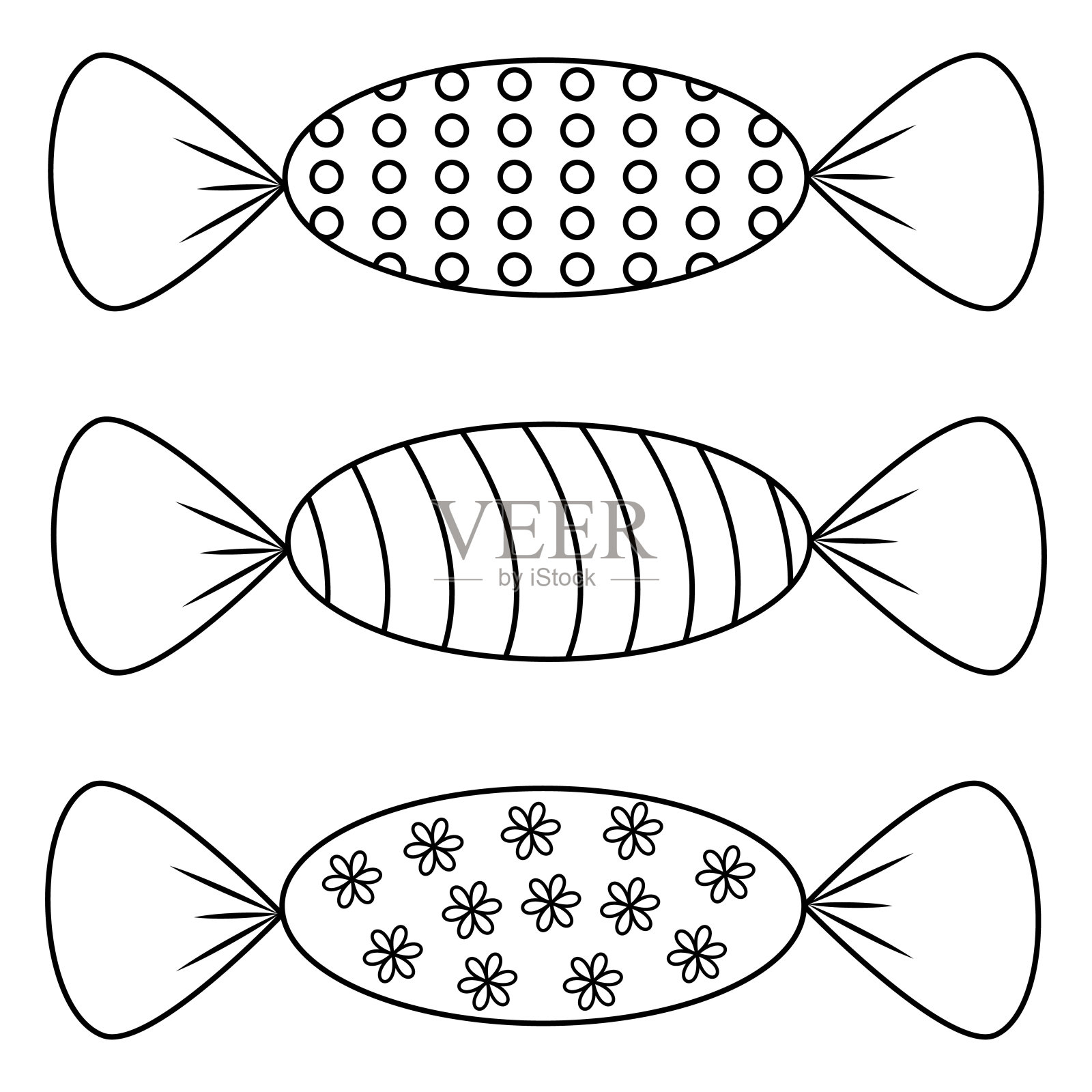 糖果的黑白插图。大纲填色本。糖果图标。可用于动画制作。插画图片素材