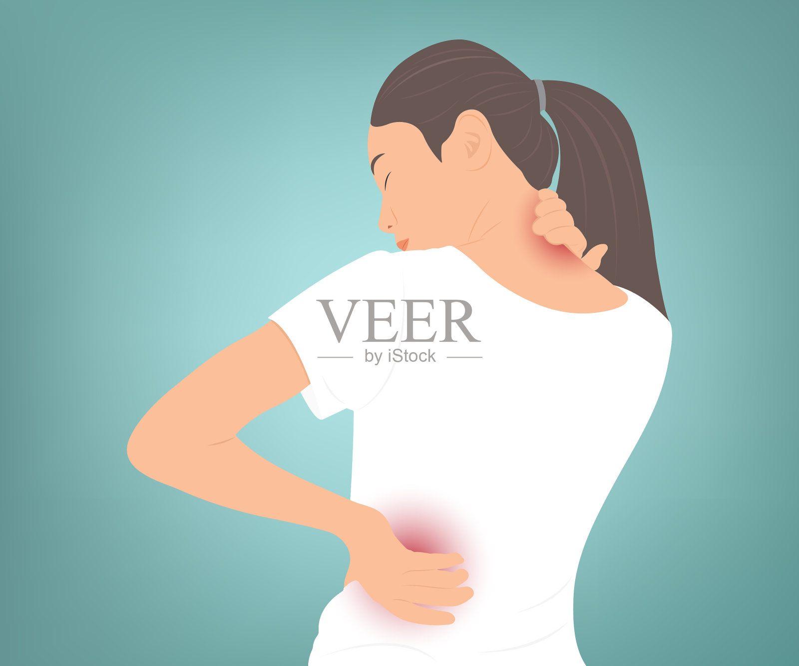 年轻女性有背部和颈部疼痛、健康问题、肌肉炎症或骨髓炎。矢量插图。插画图片素材