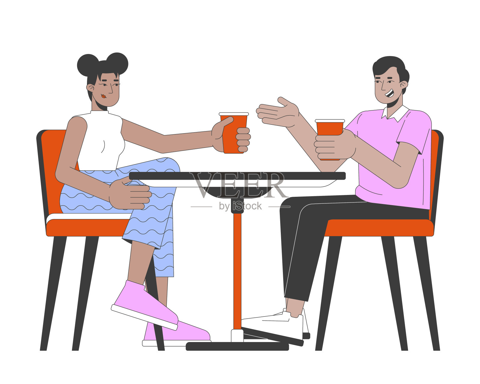 多种族的朋友在咖啡桌上喝酒,2D线性卡通人物插画图片素材