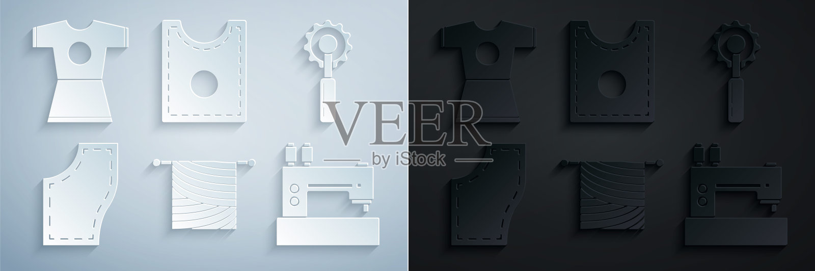 集针织,刀具工具,缝纫图案,机器,和妇女服装图标。向量插画图片素材