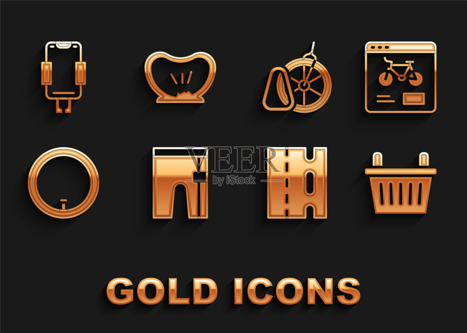 设置自行车短裤,自行车租赁移动应用程序,篮子,车道,车轮,停车,移动支架和穿孔轮胎图标。向量插画图片素材